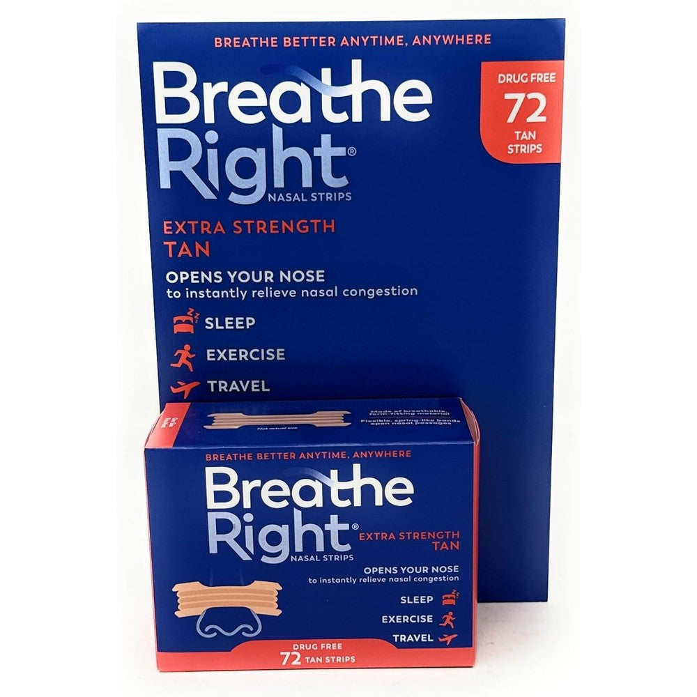 Breathe Right Extra Strength Nasal Strips 72 Count front packaging for snoring relief.