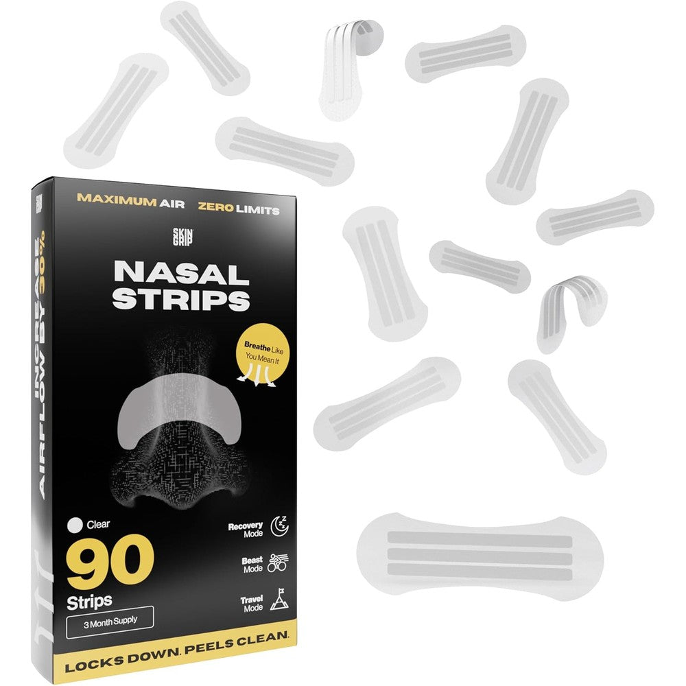 Skin Grip Clear Nasal Strips ninety count box front view for snoring relief