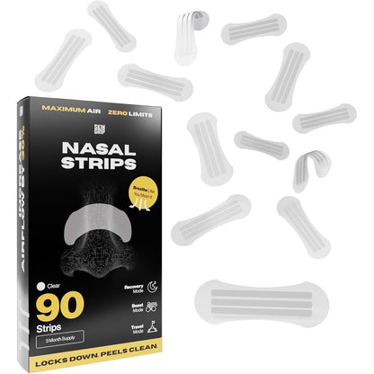 Skin Grip Clear Nasal Strips ninety count box front view for snoring relief