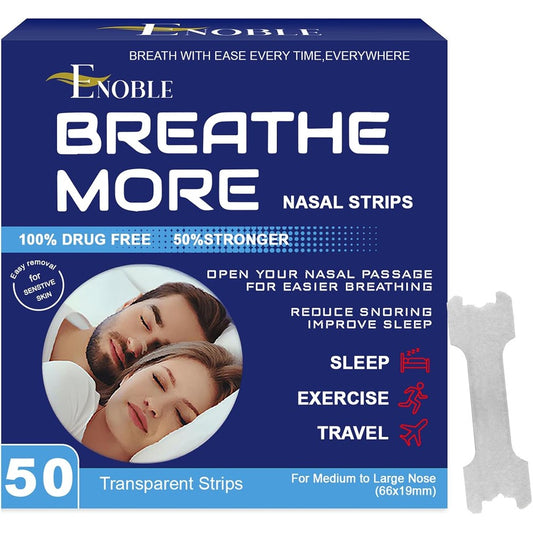 Enoble Breathe More Extra Strength Clear Nasal Strips front view packaging for snoring relief