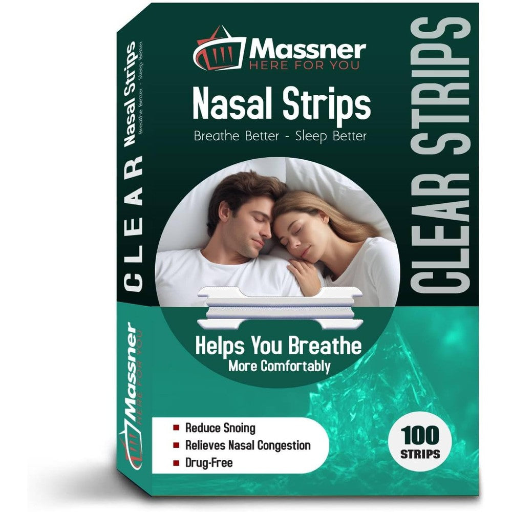 Massner Clear Nasal Strips pack of 100 front view for snoring relief.