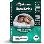 Massner Clear Nasal Strips pack of 100 front view for snoring relief.