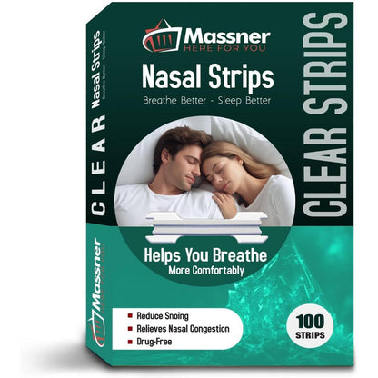 Massner Clear Nasal Strips pack of 100 front view for snoring relief.