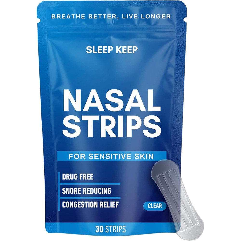 Sleep Keep Extra Strength Nasal Strips 30 count front packaging view for snoring relief.