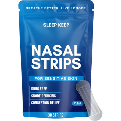 Sleep Keep Extra Strength Nasal Strips 30 count front packaging view for snoring relief.