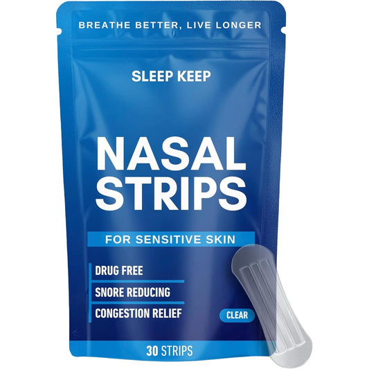 Sleep Keep Extra Strength Nasal Strips 30 count front packaging view for snoring relief.