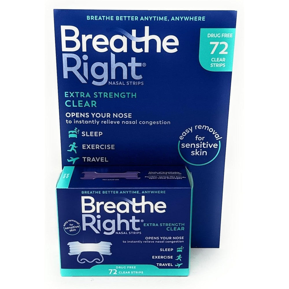 Breathe Right Extra Strength Clear Nasal Strips 72 count box front view
