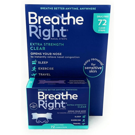 Breathe Right Extra Strength Clear Nasal Strips 72 count box front view