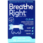 Breathe Right Nasal Strips for Sensitive Skin Large 30 Strips front packaging view showing clear strip design
