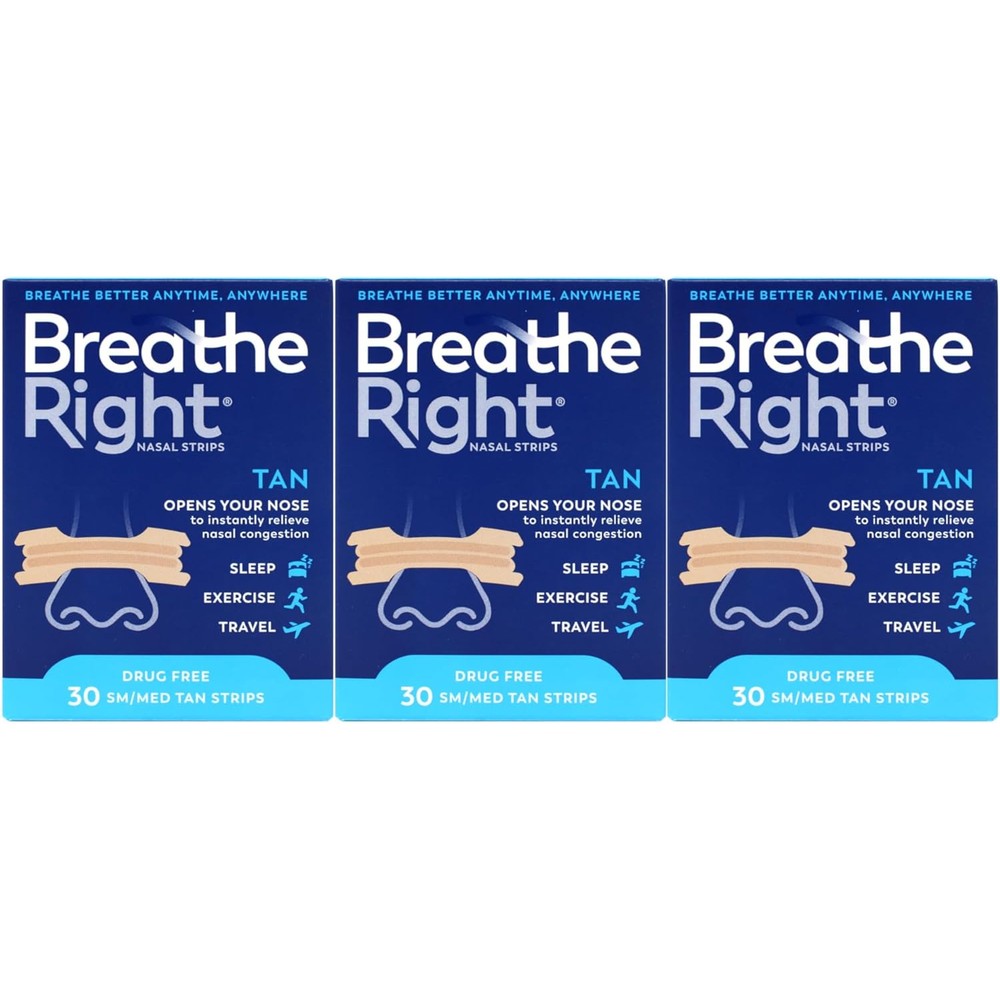 Breathe Right Nasal Strips Original Tan Small/Medium front packaging for snoring relief.