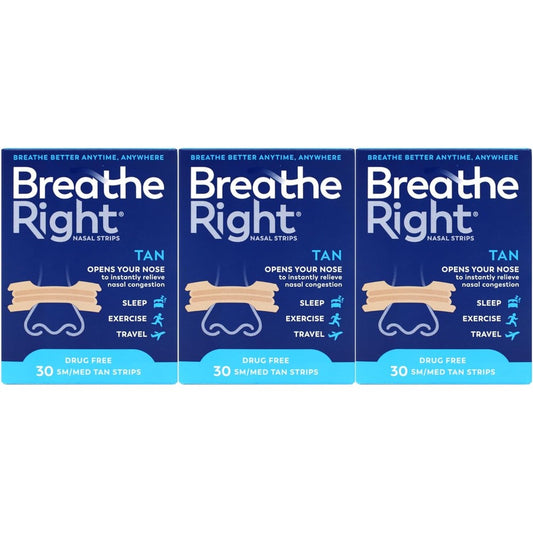 Breathe Right Nasal Strips Original Tan Small/Medium front packaging for snoring relief.