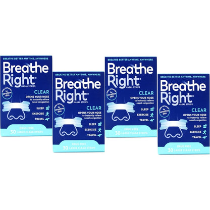 Breathe Right Nasal Strips Clear Large 4 Pack front view for snoring relief.