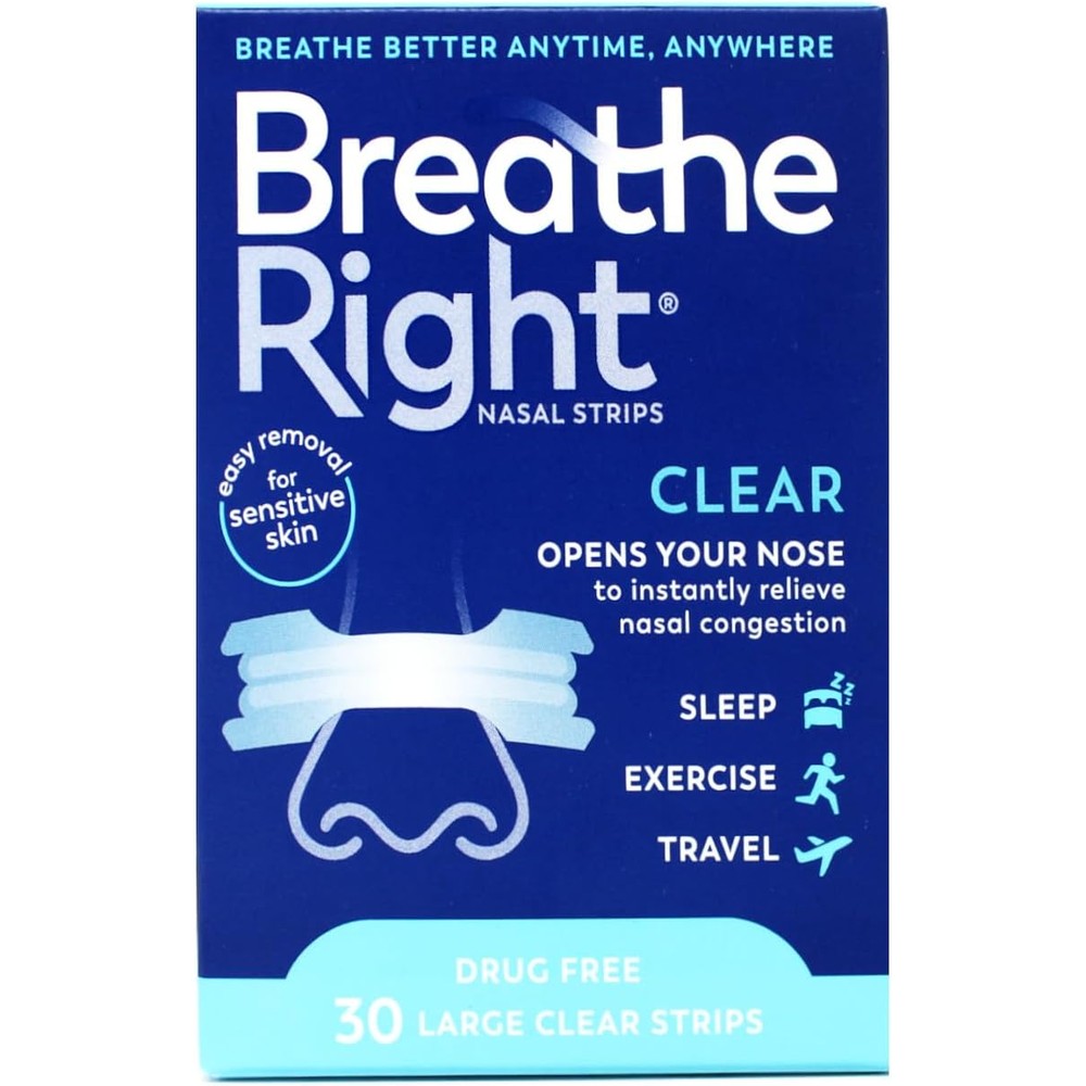 Breathe Right Nasal Strips front box view for snoring relief.