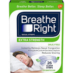 Breathe Right Extra Strength Clear Nasal Strips 78 count box front view for snoring relief.