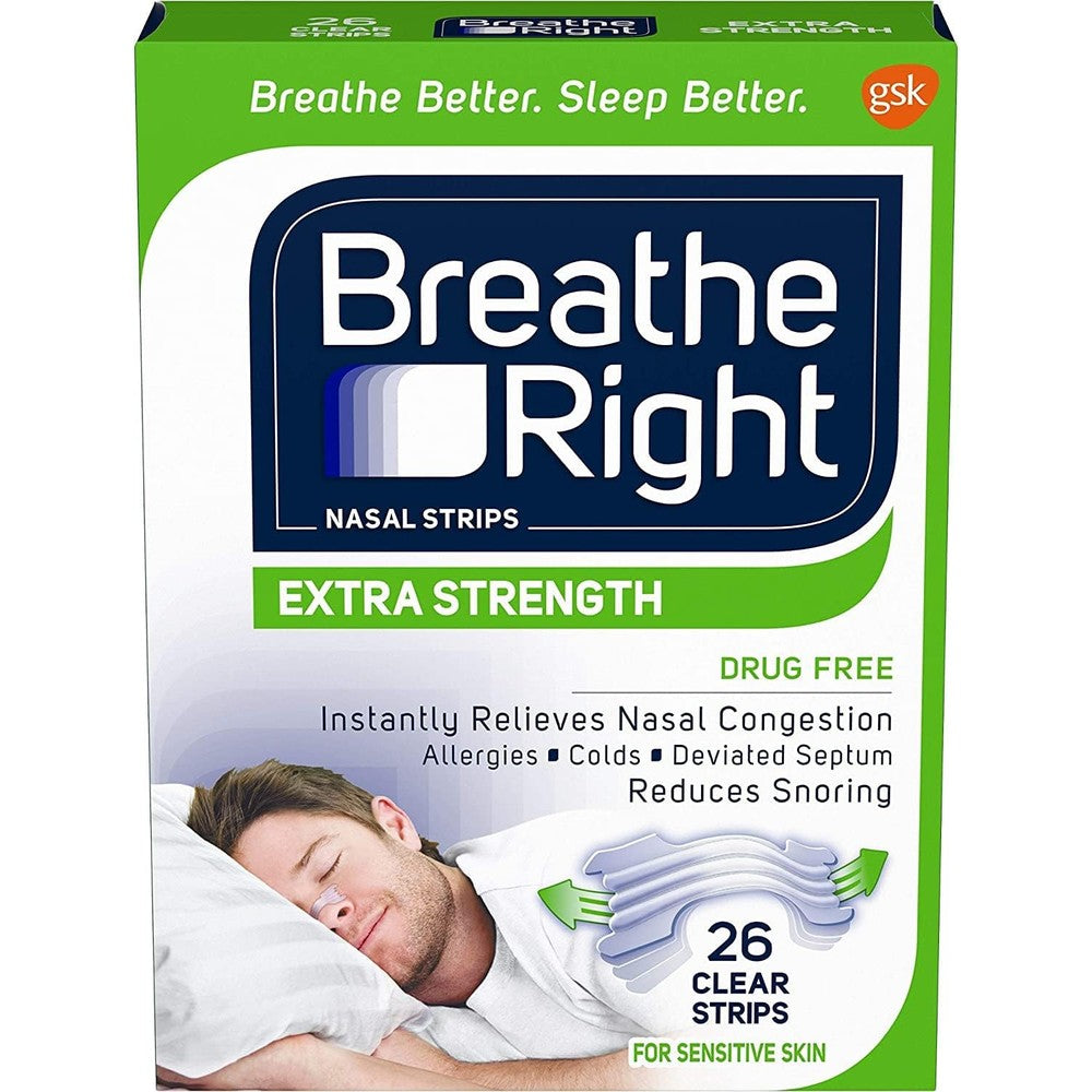 Breathe Right Extra Strength Clear Nasal Strips 78 count box front view for snoring relief.