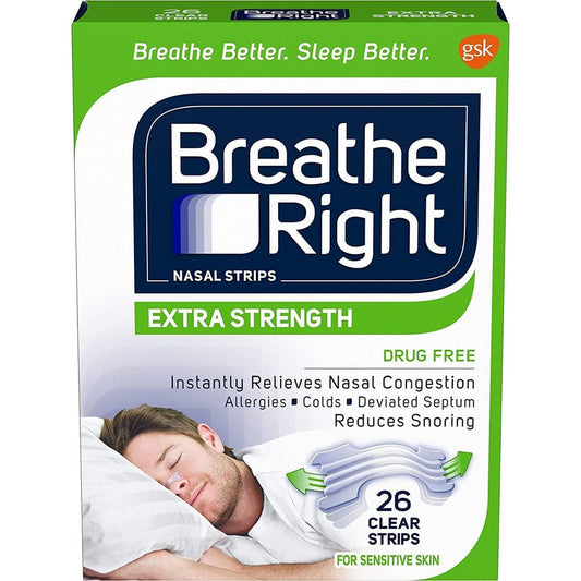 Breathe Right Extra Strength Clear Nasal Strips 78 count box front view for snoring relief.