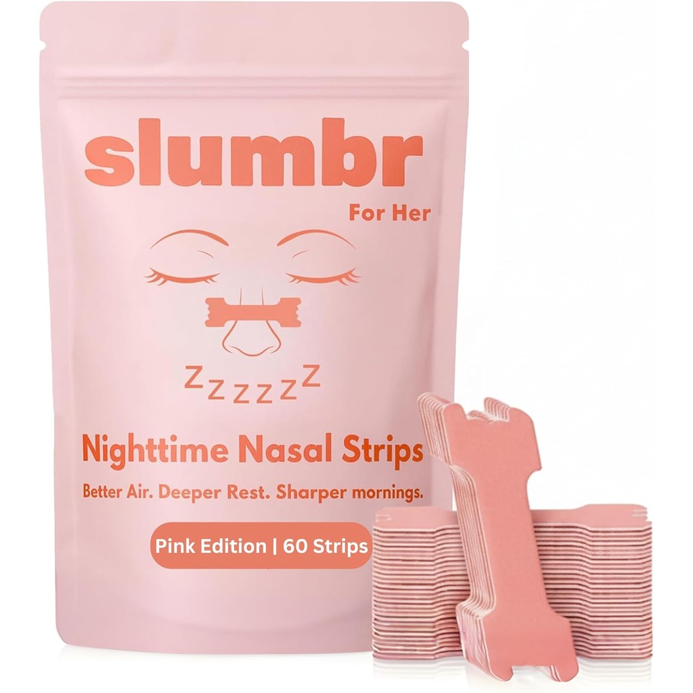 Slumbr Nasal Strips Slim Fit Pink sixty count box front view showing product packaging for smaller noses.