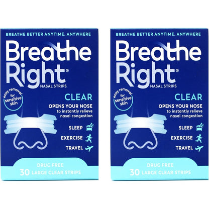 Breathe Right Nasal Strips Clear Large 2 pack front view for snoring relief.