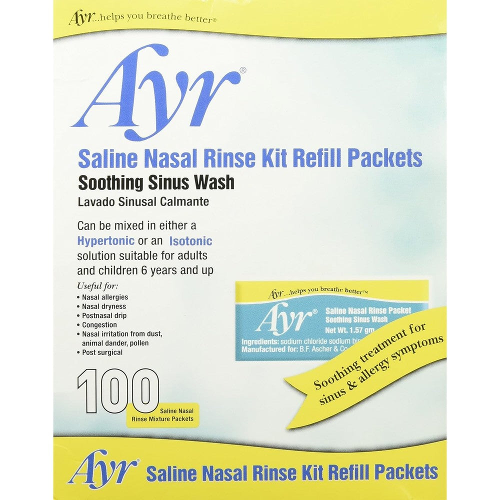 Ayr Saline Nasal Rinse Kit Refill Packets 100 Count front view for sinus relief.