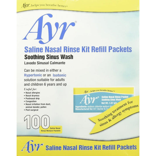 Ayr Saline Nasal Rinse Kit Refill Packets 100 Count front view for sinus relief.