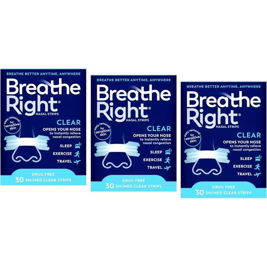 Breathe Right Nasal Strips Small Medium Clear front packaging for snoring relief.