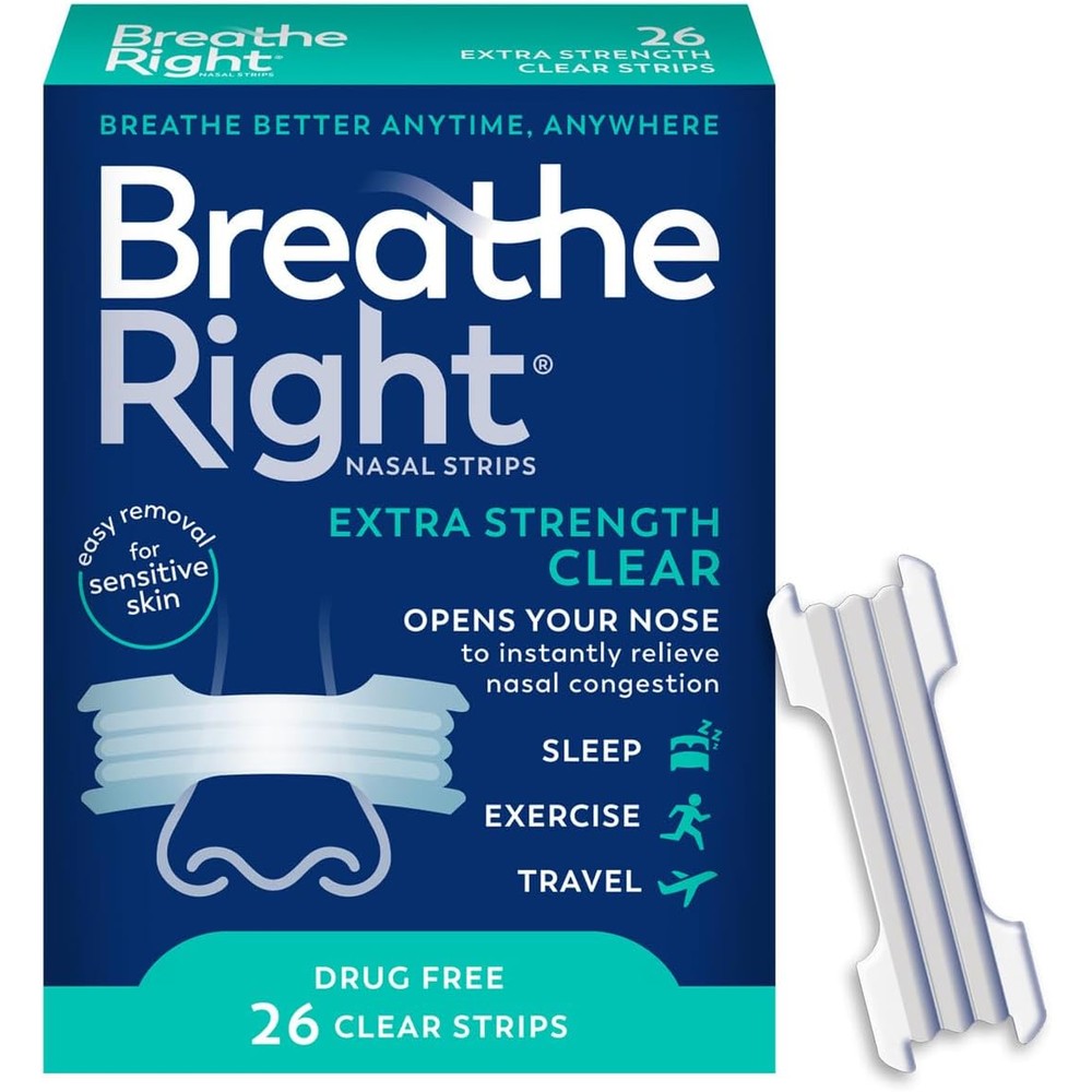 Breathe Right Extra Strength Clear Nasal Strips 26 count front packaging for snoring relief