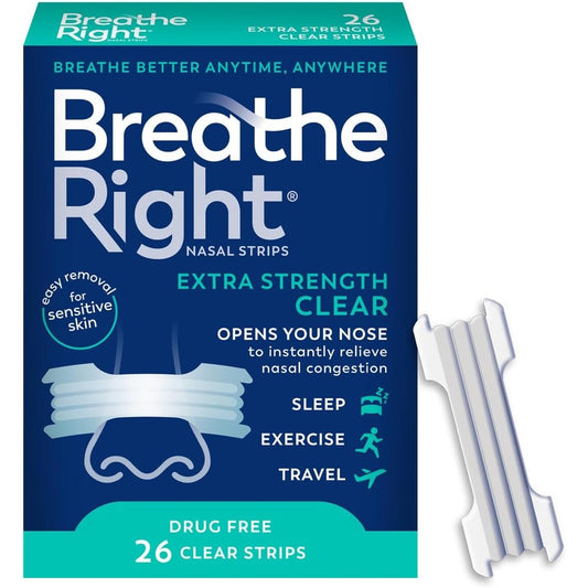 Breathe Right Extra Strength Clear Nasal Strips 26 count front packaging for snoring relief