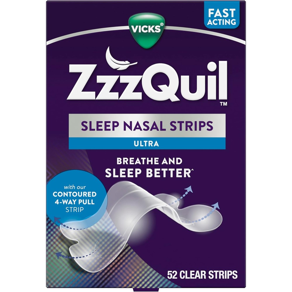Vicks ZzzQuil Sleep Nasal Strips front packaging showing 52 clear strips for snoring relief.