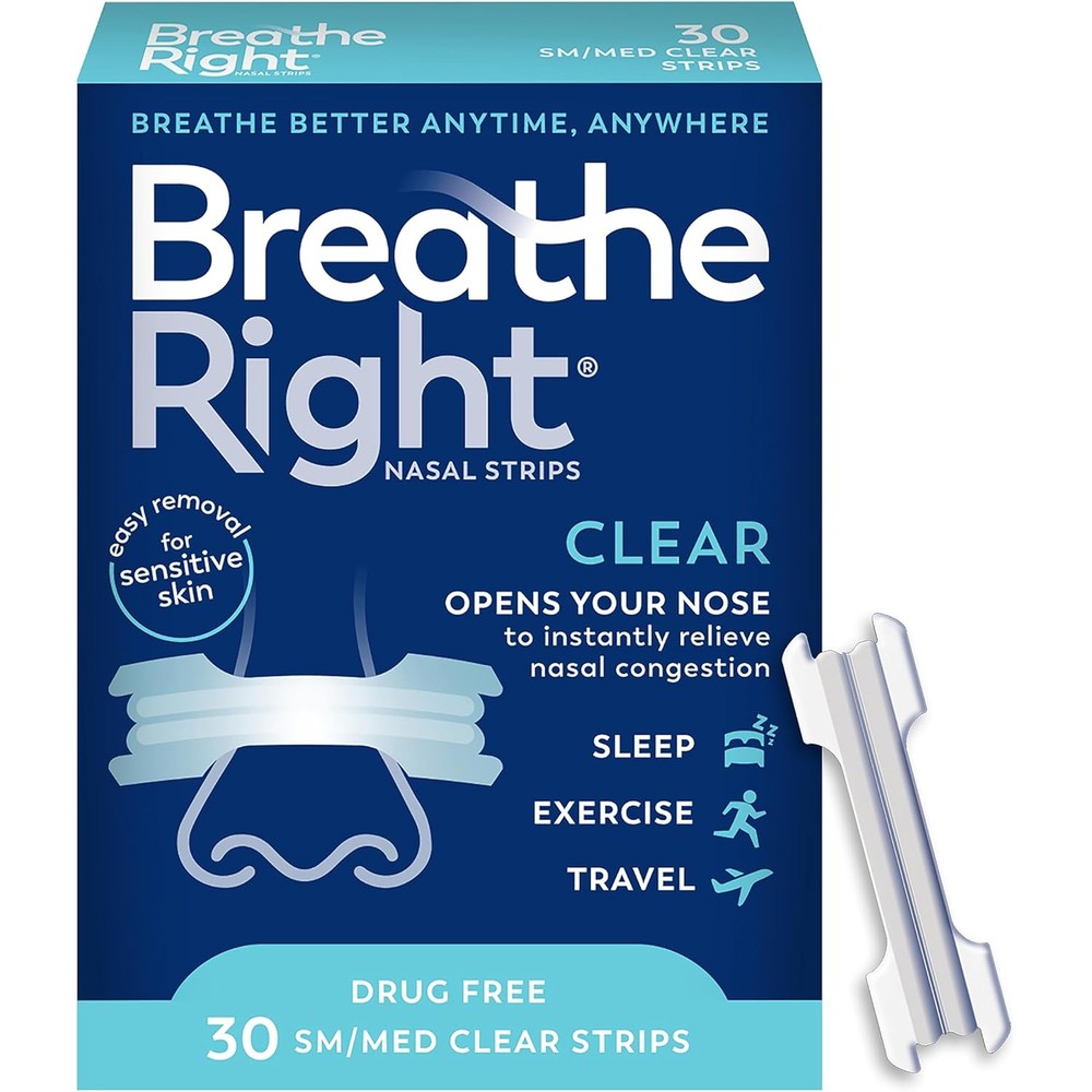 Breathe Right Original Nasal Strips Clear 30 count front packaging view