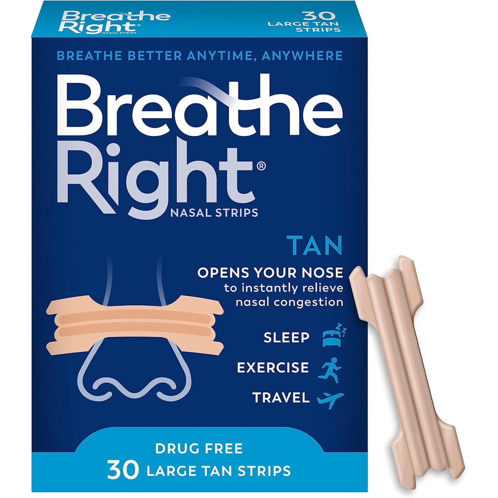 Breathe Right Original Nasal Strips Large Tan 30 Count front packaging for snoring relief.