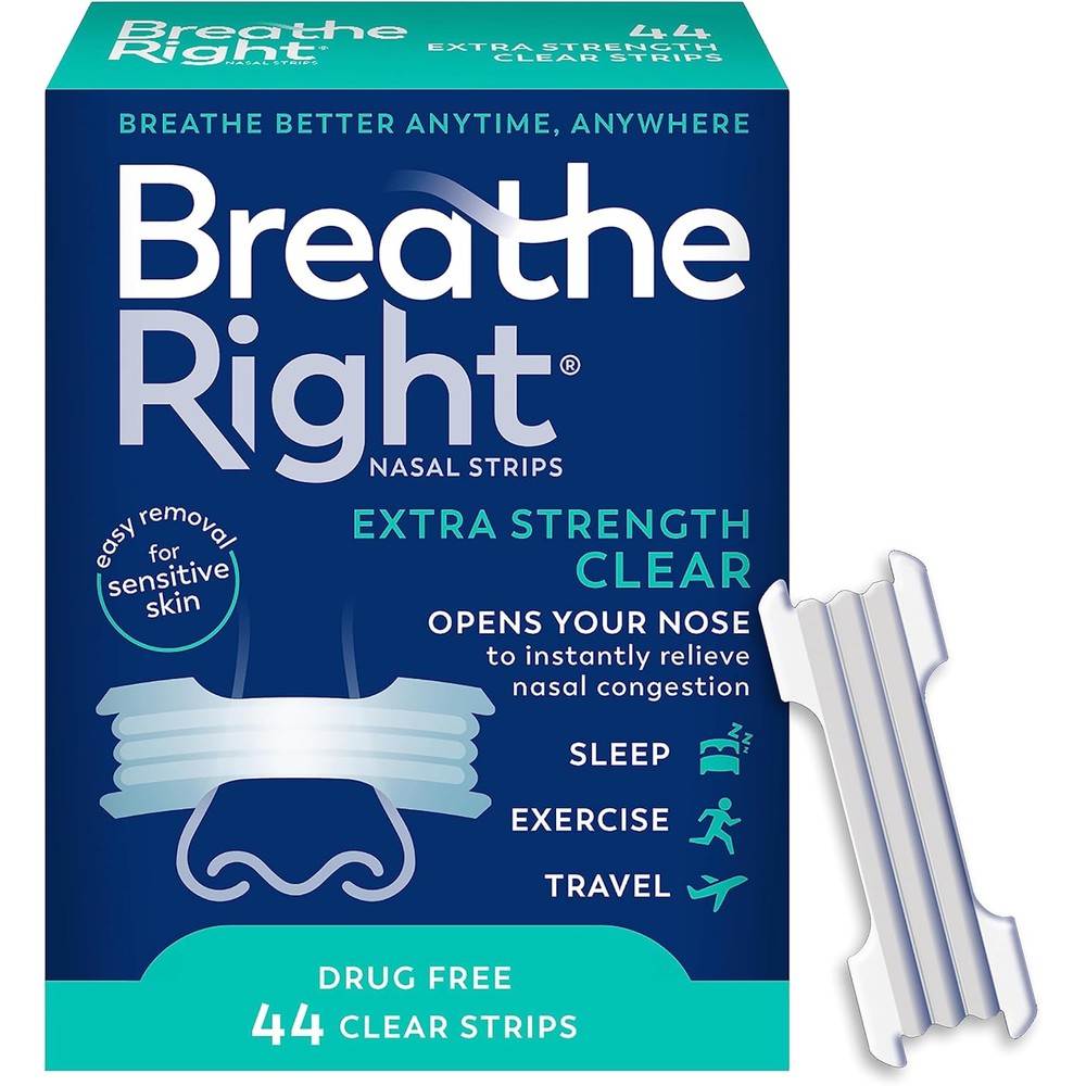 Breathe Right Extra Strength Nasal Strips 44 count front packaging for congestion relief.