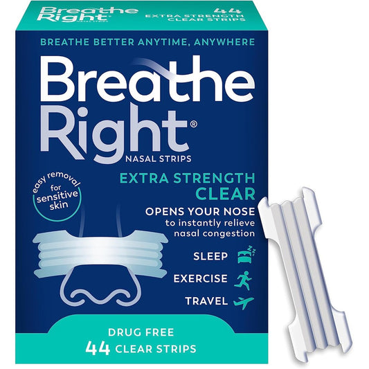 Breathe Right Extra Strength Nasal Strips 44 count front packaging for congestion relief.