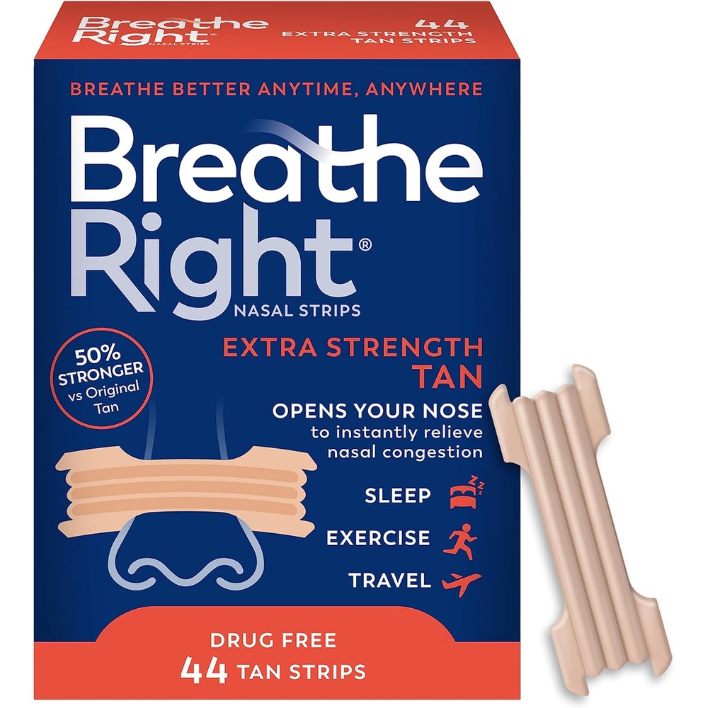 Breathe Right Extra Strength Tan Nasal Strips 44 count front packaging view for snoring relief.