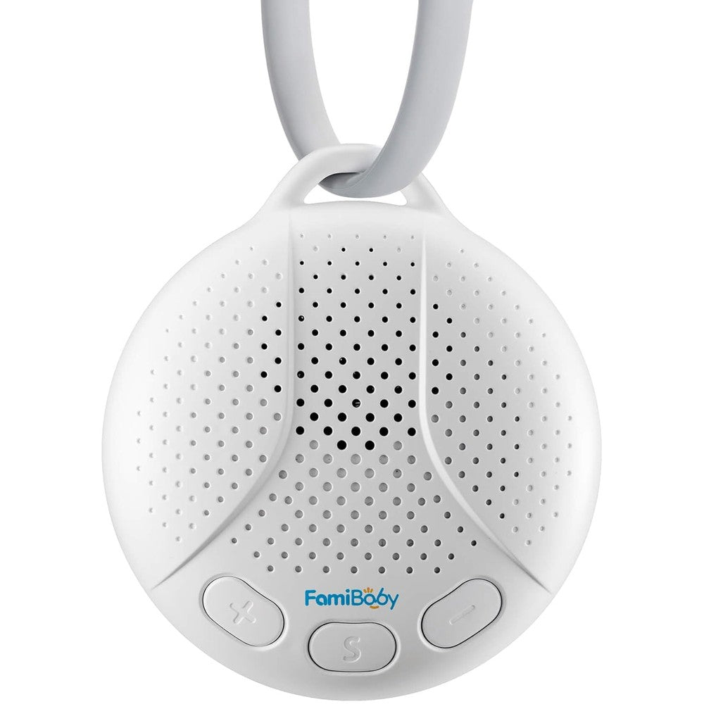 FamiBaby portable baby sound machine front view showing the main speaker grille and control buttons.