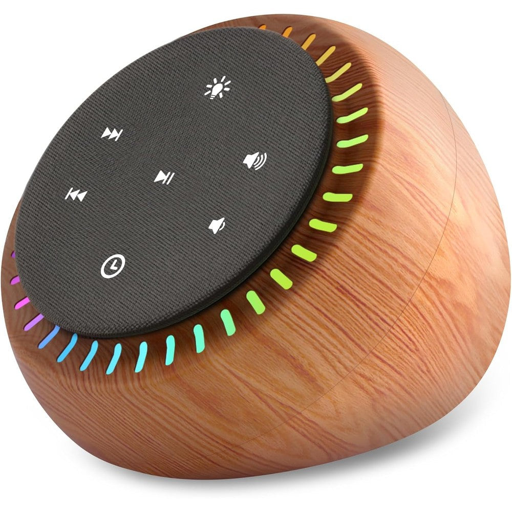 DreamSky White Noise Sleep Sound Machine front view highlighting wood grain finish and control buttons.