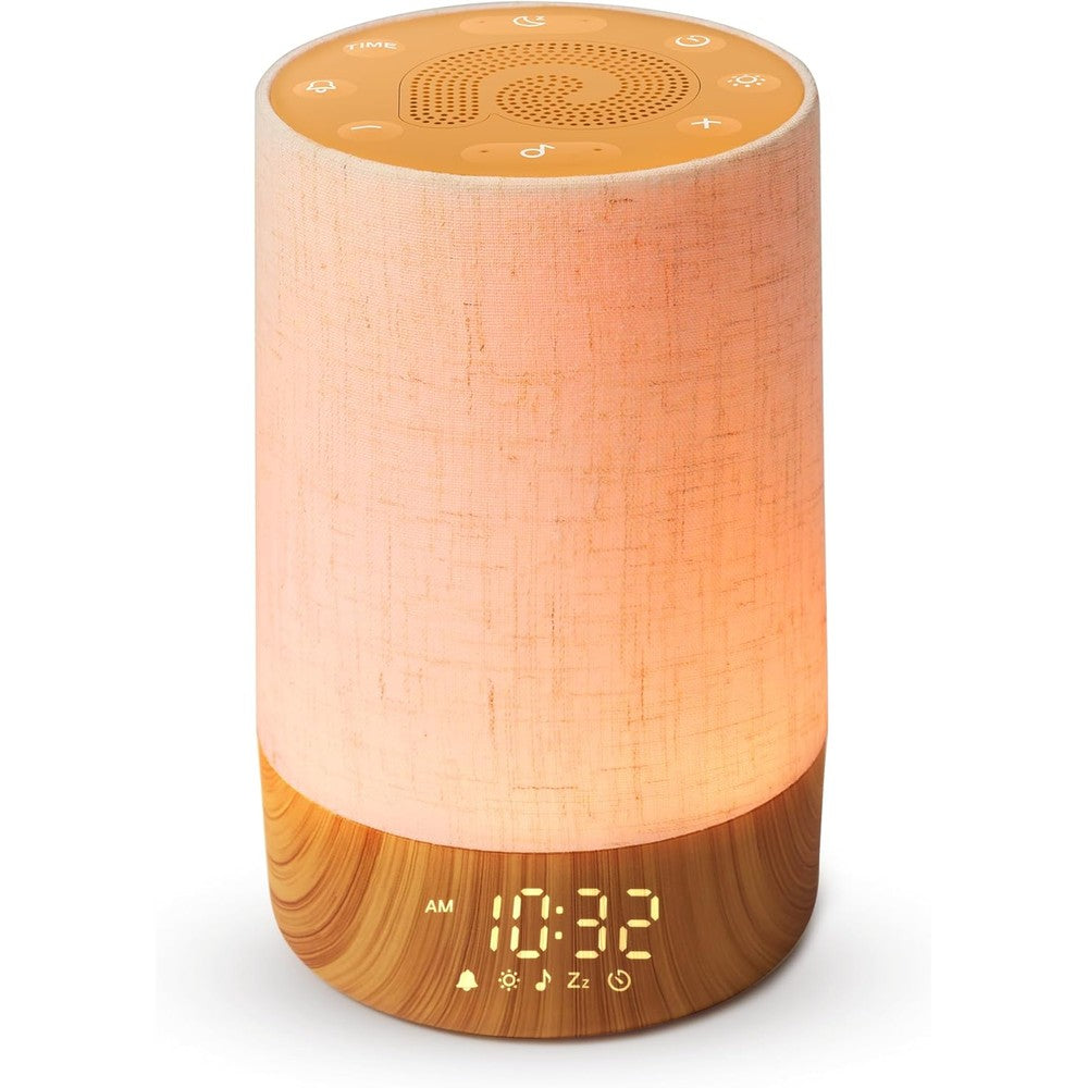 Dreamegg Sunrise Alarm Clock front view showing wood grain base and fabric cover