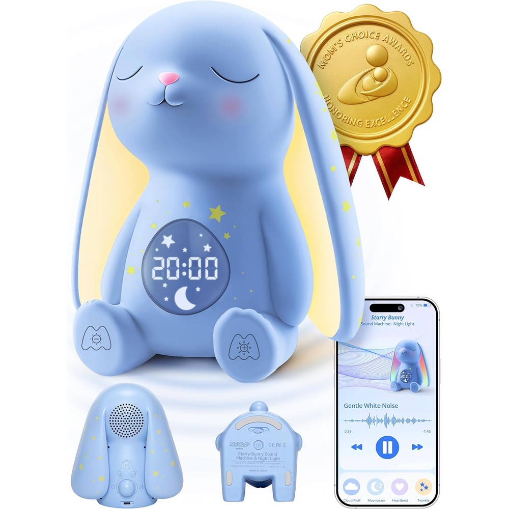 Mewaii Starry Bunny baby white noise sound machine front view showing blue rabbit design and digital clock display