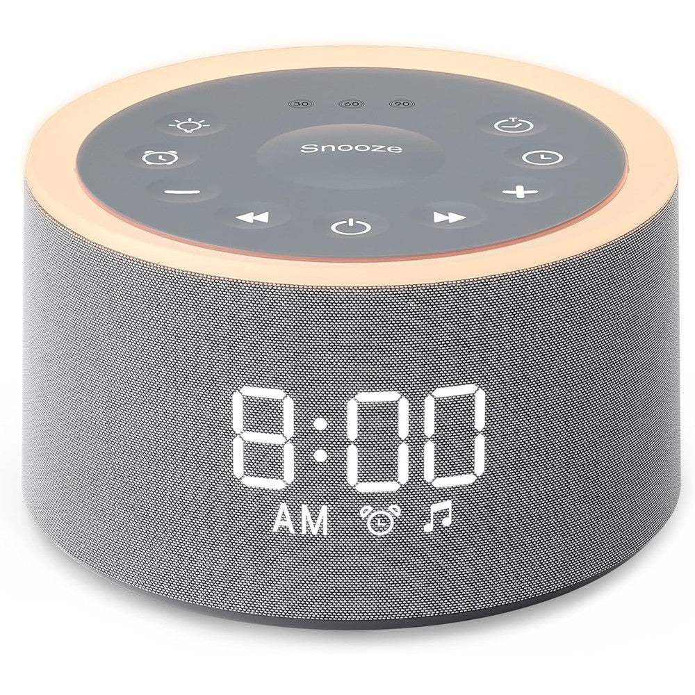 Dreamegg D1+ Sound Machine front view showing digital clock and sleek grey finish.