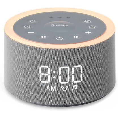 Dreamegg D1+ Sound Machine front view showing digital clock and sleek grey finish.