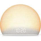 HOUSBAY Sunrise Alarm Clock front view showing fabric finish and digital display.