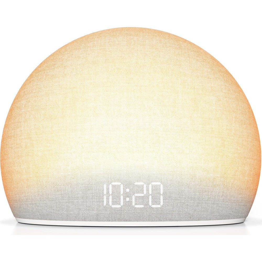 HOUSBAY Sunrise Alarm Clock front view showing fabric finish and digital display.