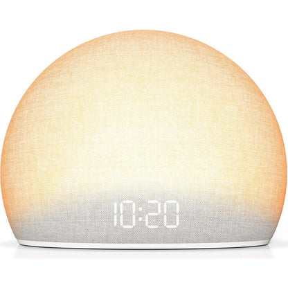 HOUSBAY Sunrise Alarm Clock front view showing fabric finish and digital display.