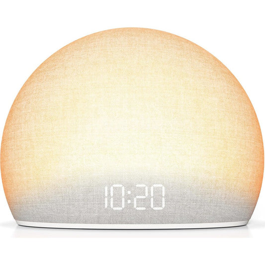 HOUSBAY Sunrise Alarm Clock front view showing fabric finish and digital display.