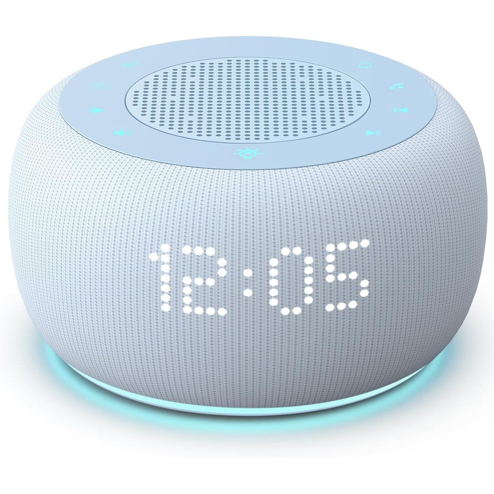 Buffbee Pro Second Generation rechargeable sound machine in cloud blue front view showing the digital clock display.