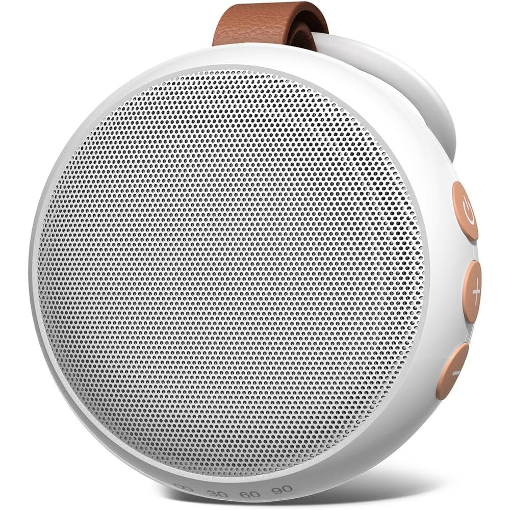 SoundMe Portable White Noise Machine front view showing the elegant white tumbler body and the premium brown leather strap