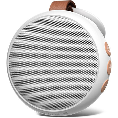 SoundMe Portable White Noise Machine front view showing the elegant white tumbler body and the premium brown leather strap