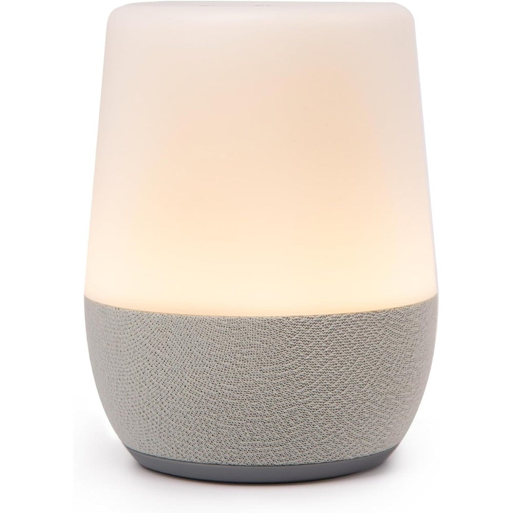 Yogasleep Duet White Noise Machine front view with amber night light glow