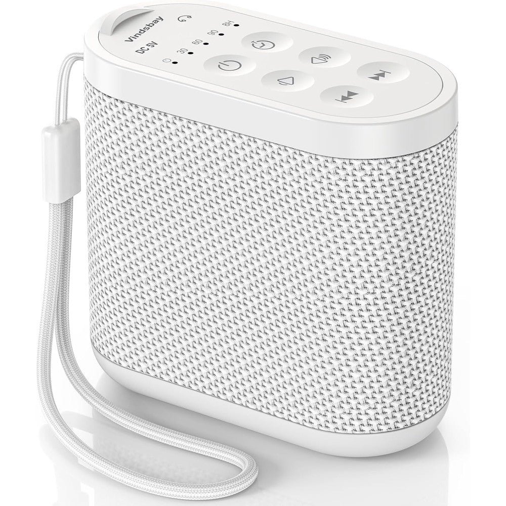 Vindsbay portable travel white noise sound machine front view showing compact white circular design