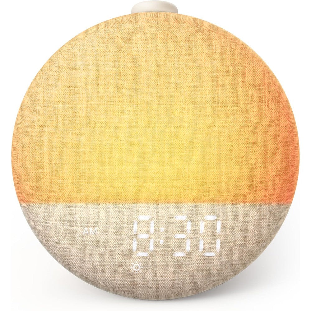 Dreamegg Sunrise 2 alarm clock in cream front view showing digital time display and glowing wake up light