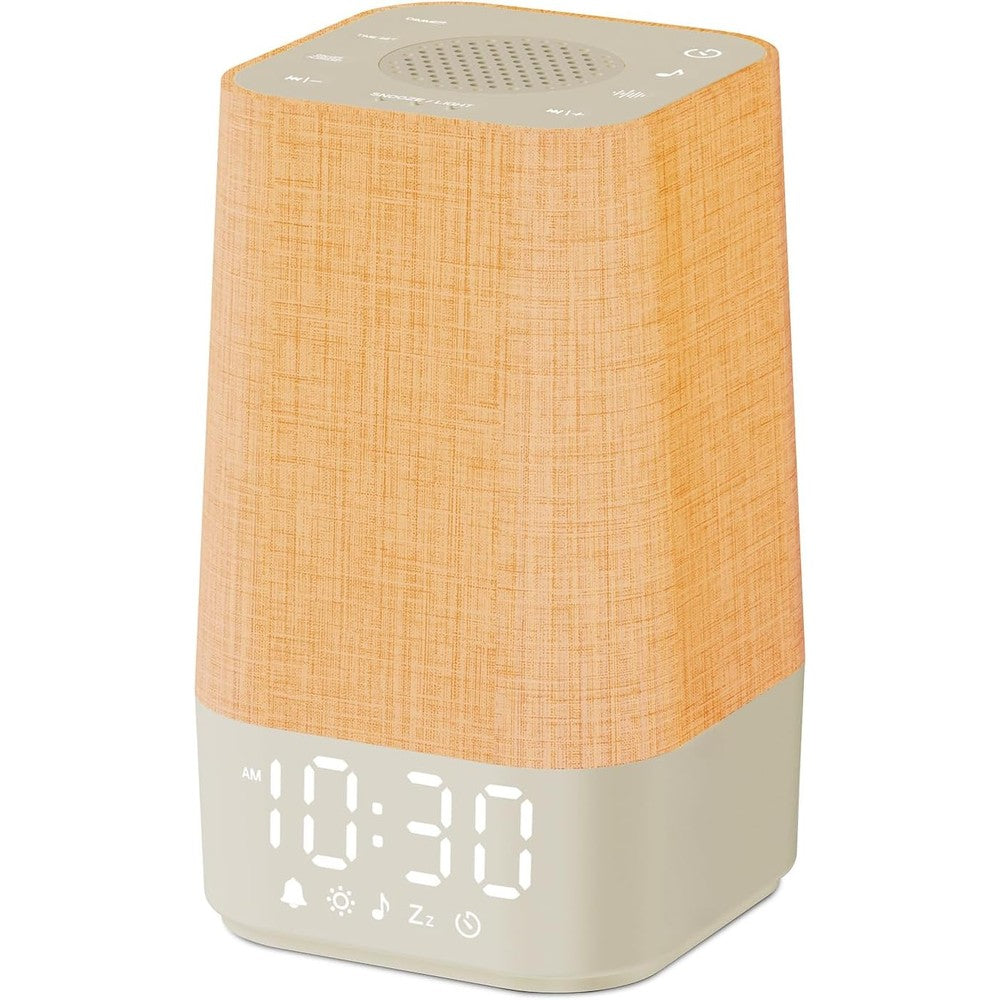 Wkzay white noise sound machine and sunrise alarm clock front view showcasing yellow fabric finish and glowing light ring